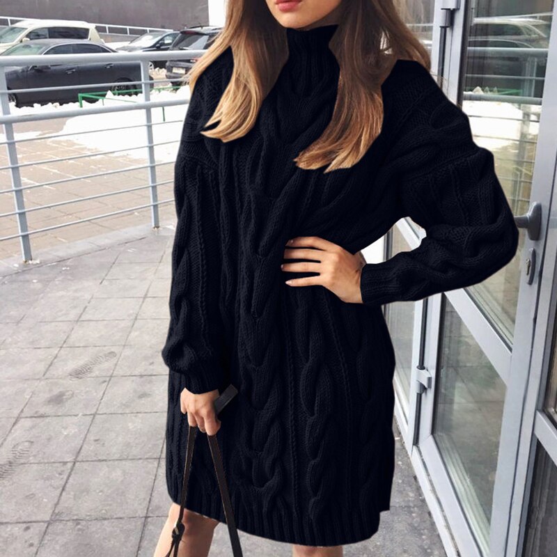 Twist Sweater Dress Women High Colar Long Sleeve Knitted Mini Dresses Autumn Winter Casual Oversize Long Sweaters Invierno Mujer