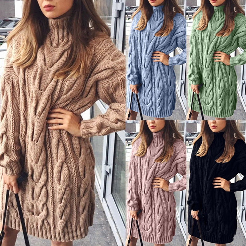 Twist Sweater Dress Women High Colar Long Sleeve Knitted Mini Dresses Autumn Winter Casual Oversize Long Sweaters Invierno Mujer